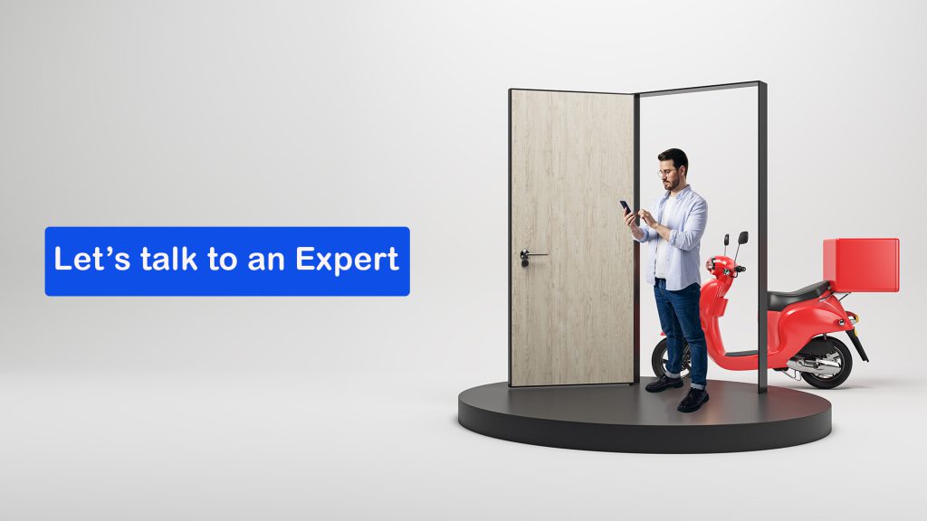 online-delivery-door-concept-casual-guy-with-phone-standing-open-door-scooter-white-background-with-mock-up-place
